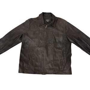 Eddie Bauer Leather Jacket‎ Mens  XL Tall Brown Bomber Quilt Insulated
